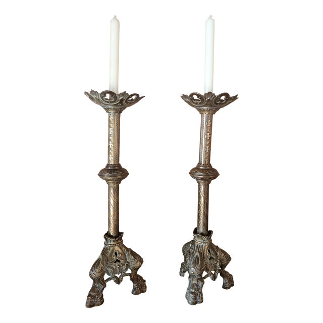 Large Antique Napoleon III Gothic Brass Church Candleholders, France, Set of 2 For Sale