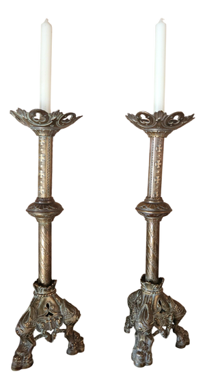 Large Antique Napoleon III Gothic Brass Church Candleholders, France, Set of 2