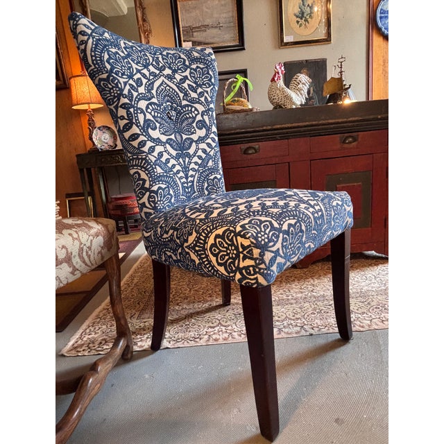Wood Carmilla Pier 1 Blue Damask Armless Dining Chairs, a Pair For Sale - Image 7 of 8