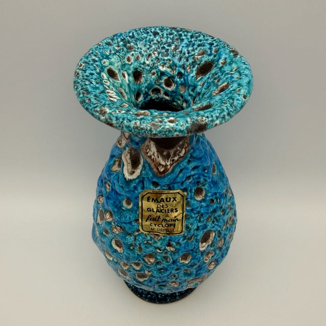 Brutalist Fat Lava Blue Turquoise Ceramic Vase by Charles Cart, Vallauris, France, 1960s For Sale - Image 6 of 15
