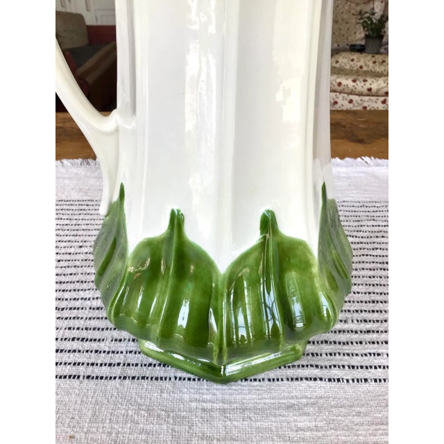 Vintage Hand-Painted Large Ceramic Pitcher With Leaf Design Trim For Sale - Image 4 of 8