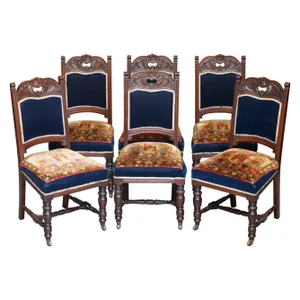 Napoleonic Blue Dining Chairs with Kilim Rug Upholstery, Set of 6
