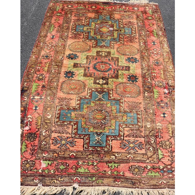 Mid 20th Century Vintage Caucasian Kazak Rug With Medallions in Coral and Turquoise 4'2 X 6'9 For Sale - Image 5 of 14