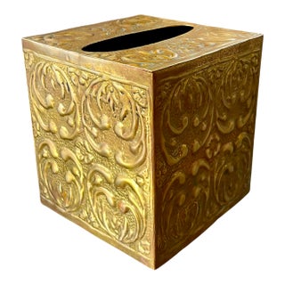 Vintage Solid Brass Embossed Floral Tissue Box Cover – Arts & Crafts, Art Nouveau, Boho For Sale