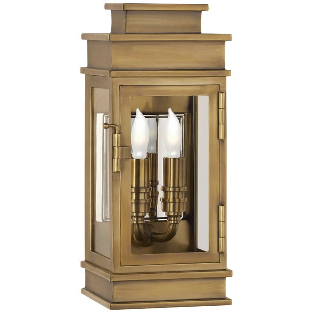 Chapman & Myers for Visual Comfort Signature Linear Mini Wall Lantern in Antique-Burnished Brass with Clear Glass For Sale