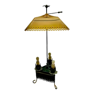 Vintage French Tole Pierced Scalloped Tri-Corner Palm Frond Finial Bouillotte Lamp in Saffron Yellow & Black