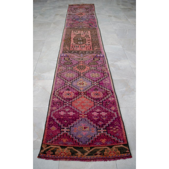 Purple Hand-Knotted Turkish Runner Rug . Low Pile Full Tribal Design Narrow Runner Rug 2′2″ × 13′4″ For Sale - Image 8 of 16