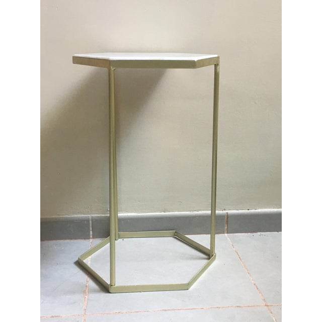 New Marble-Top and Gilt Painted Iron Hexagonal Side Table or End Table For Sale - Image 10 of 18