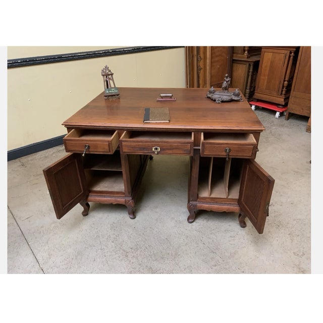 1930s Vintage Double-Sided Desk with Armchairs, 1935, Set of 3 For Sale - Image 5 of 13