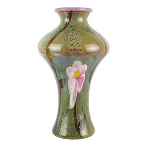 Murano Large Pink Flowers on Green Opalescent Chalcedony Technique Vintage Italian Art Glass Decorative Vase