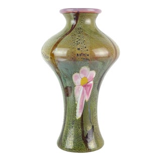 Vintage Murano Large Pink Flowers on Green Opalescent Chalcedony Technique Italian Art Glass Decorative Vase For Sale