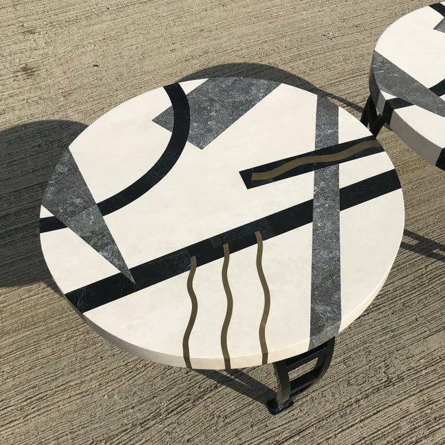 Oggetti Memphis Marble and Brass Inlay End Tables - a Pair For Sale - Image 4 of 13