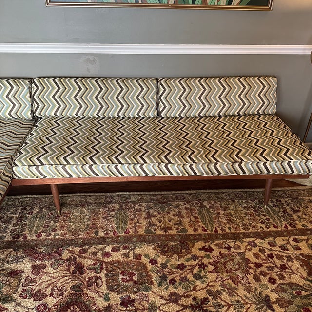 Wood 1960s Sectional Sofa | Double Sofa Beds | Walnut & Chevron Upholstery For Sale - Image 7 of 16