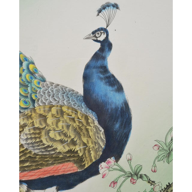 20th C. Chinese Export Pair of Peacocks and Flowers Painting For Sale - Image 4 of 18