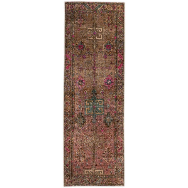 Textile Vintage Distressed Brown & Pink Geometric Wool Runner For Sale - Image 7 of 7