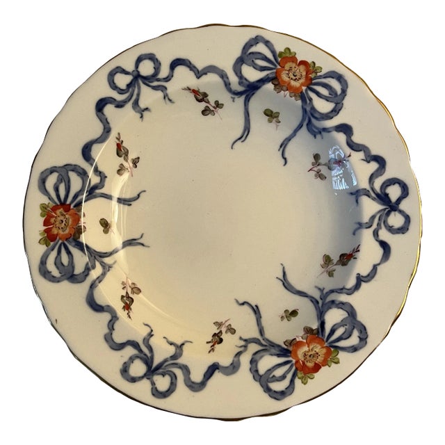 Late 20th Century Royal Crown Derby Trinket Dish White With Blue Ribbon Border, Made in England For Sale