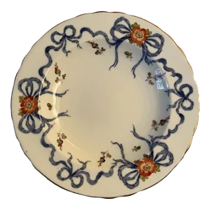 Late 20th Century Royal Crown Derby Trinket Dish White With Blue Ribbon Border, Made in England