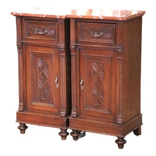 Pair 19th C. French Louis XIII Mahogany Bedside Cabinets With Rouge Marble Top For Sale