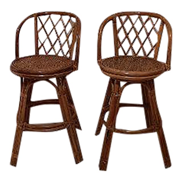 1980s Bamboo Wicker Rattan Swivel Barstool Honey Color Set of 2 For Sale