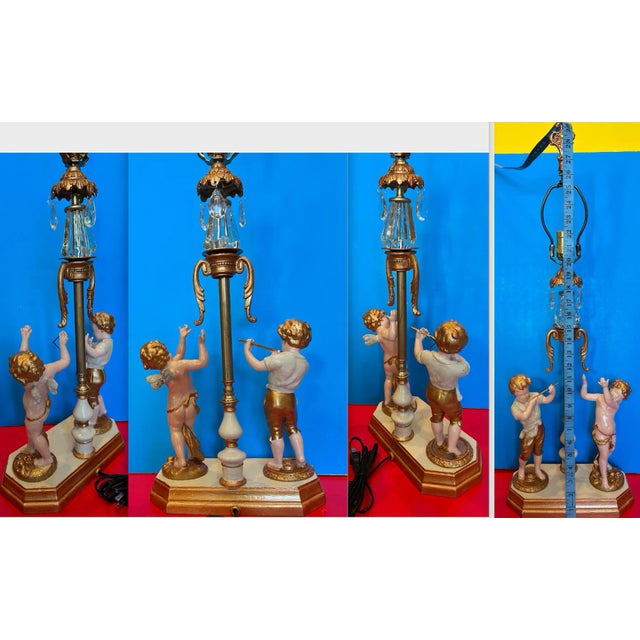 Antique Spelter Table Lamp Boy Playing Flute and Cherub For Sale - Image 11 of 12