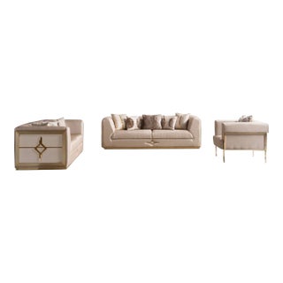 New Vega 3–Piece Gold Accent Modern Luxury Living Room Set - Sofa , Loveseat & Chair For Sale
