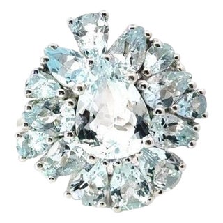 Natural Aquamarine Big Floral Cocktail Ring Made in 925 Sterling Silver, Size 6.5 For Sale