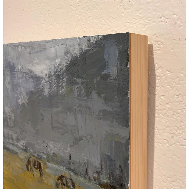 Contemporary Cold on the Plain by Clyde Steadman | Oil Painting of horses grazing in a gray landscape For Sale - Image 3 of 3