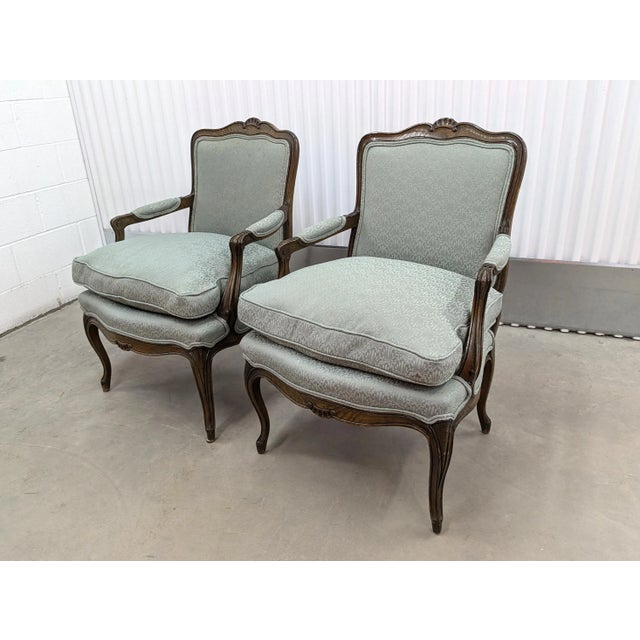 1980s French Country Carved Walnut Fauteuils Arm Chairs Set of 2