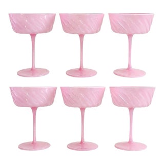 Cotton Candy Pink Ripple Optic Swirl Coupe Champagne Coctail Glasses (Set of 6) For Sale