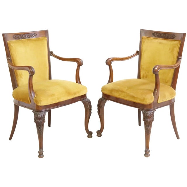 1900's Vintage Continental Carved Mahogany Yellow Velvet Armchairs- Set of 8 For Sale - Image 9 of 9