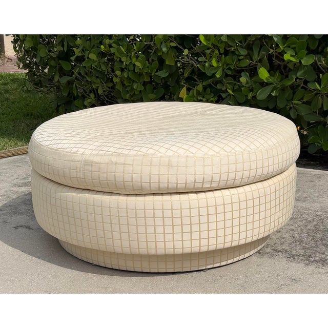 Karl Springer Vintage 42” Round Postmodern Upholstered Cocktail Ottoman With Down Feather Cushion For Sale - Image 4 of 14