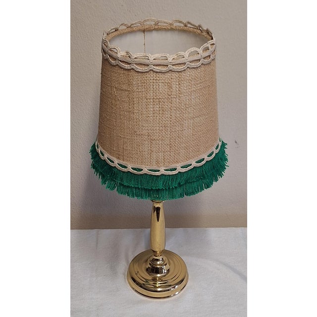 Vintage Brass Pilot Table Lamp with Fabric Shade and Green Trim, 1990s For Sale - Image 4 of 8