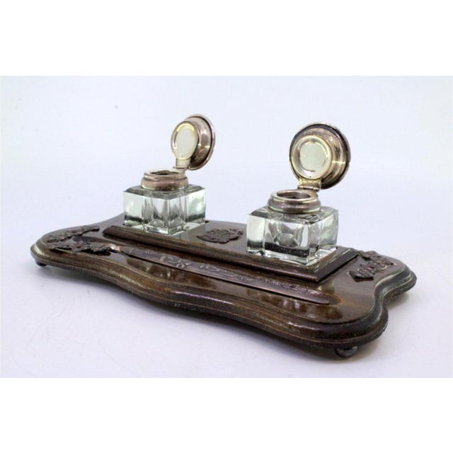 Wood and Glass Inkwell with Pen and Silver Applications For Sale - Image 5 of 8