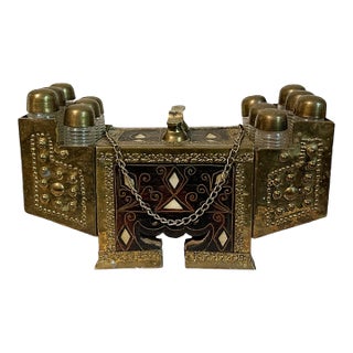 Antique Turkish Mother-of-Pearl Inlay Wood & Brass Shoe Shine Box Stand For Sale