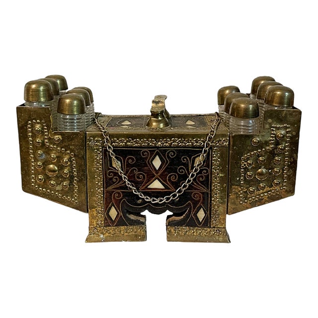 Antique Turkish Mother-of-Pearl Inlay Wood & Brass Shoe Shine Box Stand For Sale