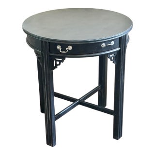 Antique Chinoiserie 24" Black Round Accent Table With Curved Drawer For Sale