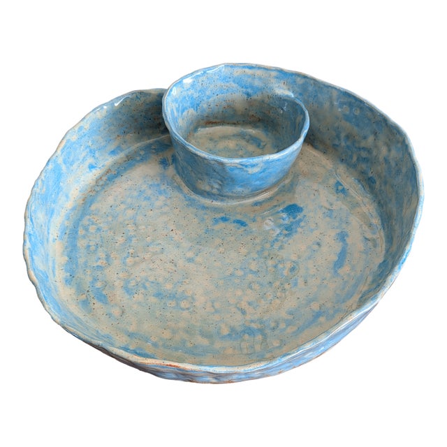 1990s Organic Hand Built Studio Art Pottery Chip Dip Serving Bowl For Sale