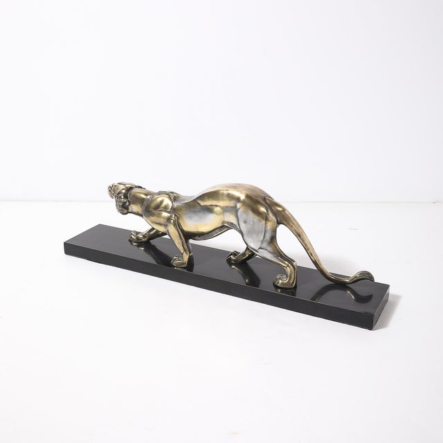 Art Deco Silvered Bronze Lion Sculpture on Black Marble Base For Sale - Image 15 of 17