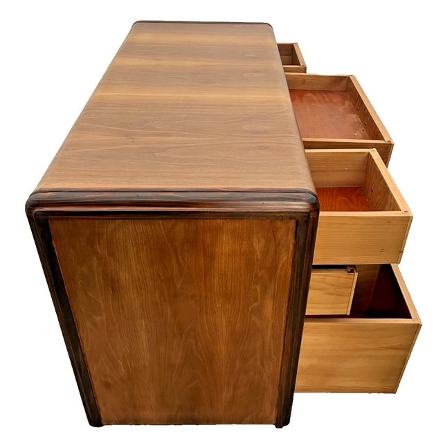 Vintage Art Deco Desk, Waterfall Top, Seven Drawers With Bakelite Pulls, Walnut For Sale - Image 4 of 12