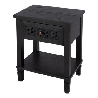 Flagstaff 20 in. W Rectangular Cane and Wood 1 Drawer Nightstand with Lower Open Shelf, Washed Black For Sale