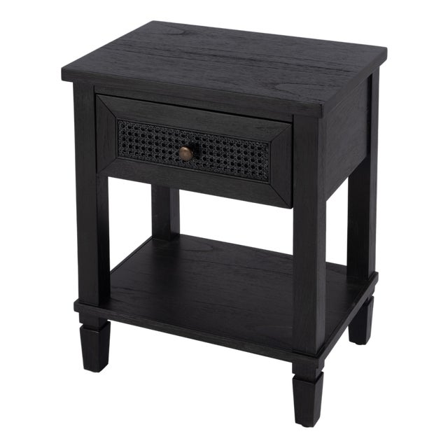 Flagstaff 20 in. W Rectangular Cane and Wood 1 Drawer Nightstand with Lower Open Shelf, Washed Black For Sale