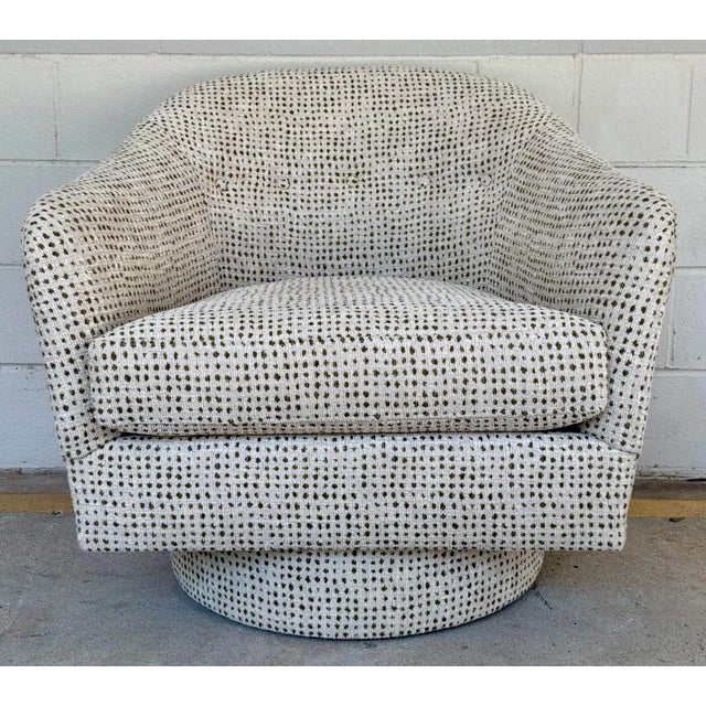 Modern Revelation Modern Off-White and Olive Boucle Coupe Swivel Chairs Pair For Sale - Image 3 of 6