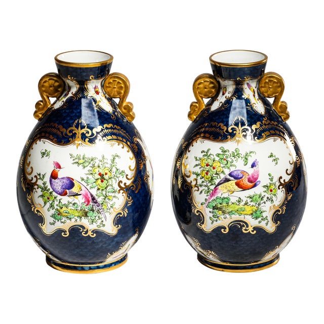 Stunning Pair Blue Gold English Royal Worcester Porcelain Antique Victorian Bird Nature Decorative Vases Home Decor For Sale