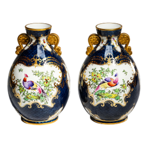Stunning Pair Blue Gold English Royal Worcester Porcelain Antique Victorian Bird Nature Decorative Vases Home Decor