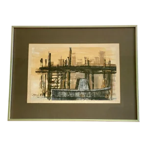Original 1970 Abstract Modernist Dock Painting Plein Air Framed