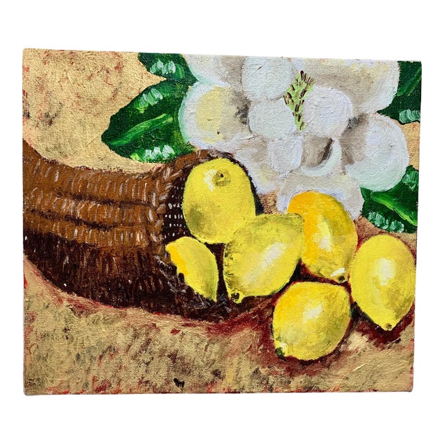 Vintage Original Canvas Painting of Lemons & Flowers For Sale