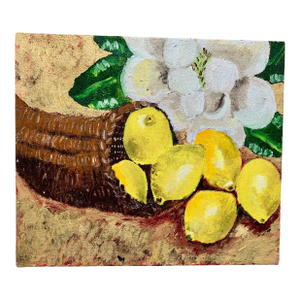 Vintage Original Canvas Painting of Lemons & Flowers