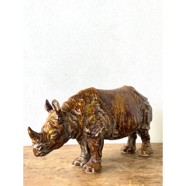 Hollywood Regency Vintage 60s Italian Glazed Ceramic Rhino For Sale - Image 3 of 12