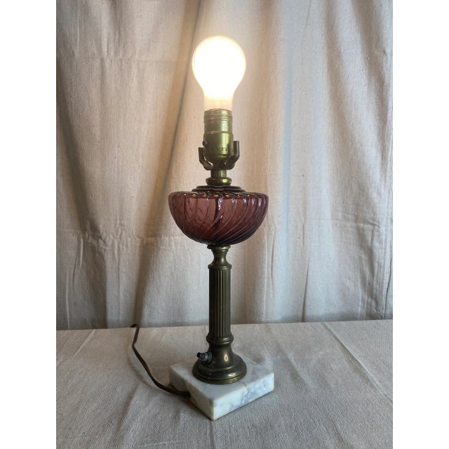 Early 19th Century Antique Mulberry Glass and Marble Electricfied Oil Lamp For Sale - Image 5 of 8