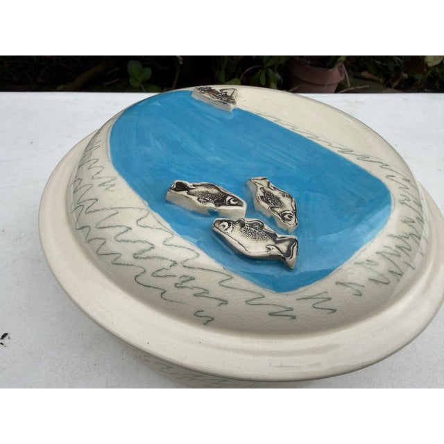 Vintage Studio Pottery Covered Dish With Fish & Boat Lid Signed Folk Art Ceramic For Sale In Naples, FL - Image 6 of 10